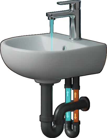 Coupe d'une installation de plomberie : un robinet et un lavabo, les arrivées d'eau froide et chaude, et le siphon d'évacuation.